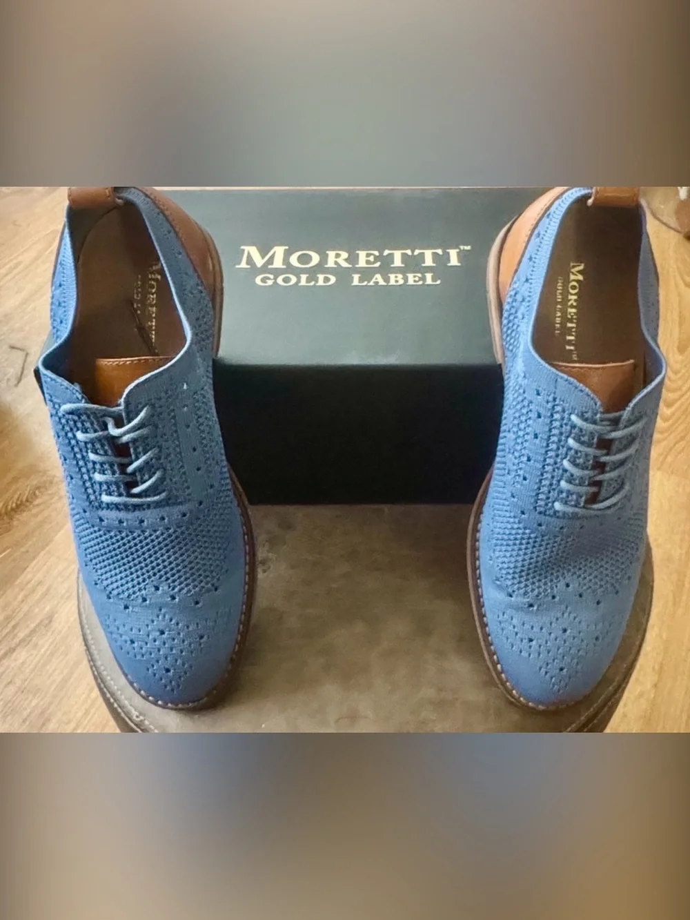 Moretti Gold Label Ashland II Light Blue Knit Leather Wingtip Oxfords 7.5D NWT
